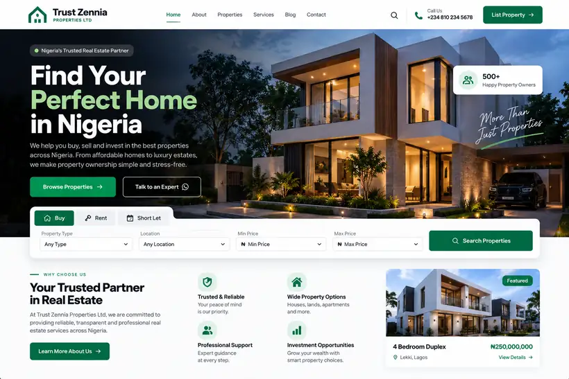 Real-estate website interface built by CharlesTech