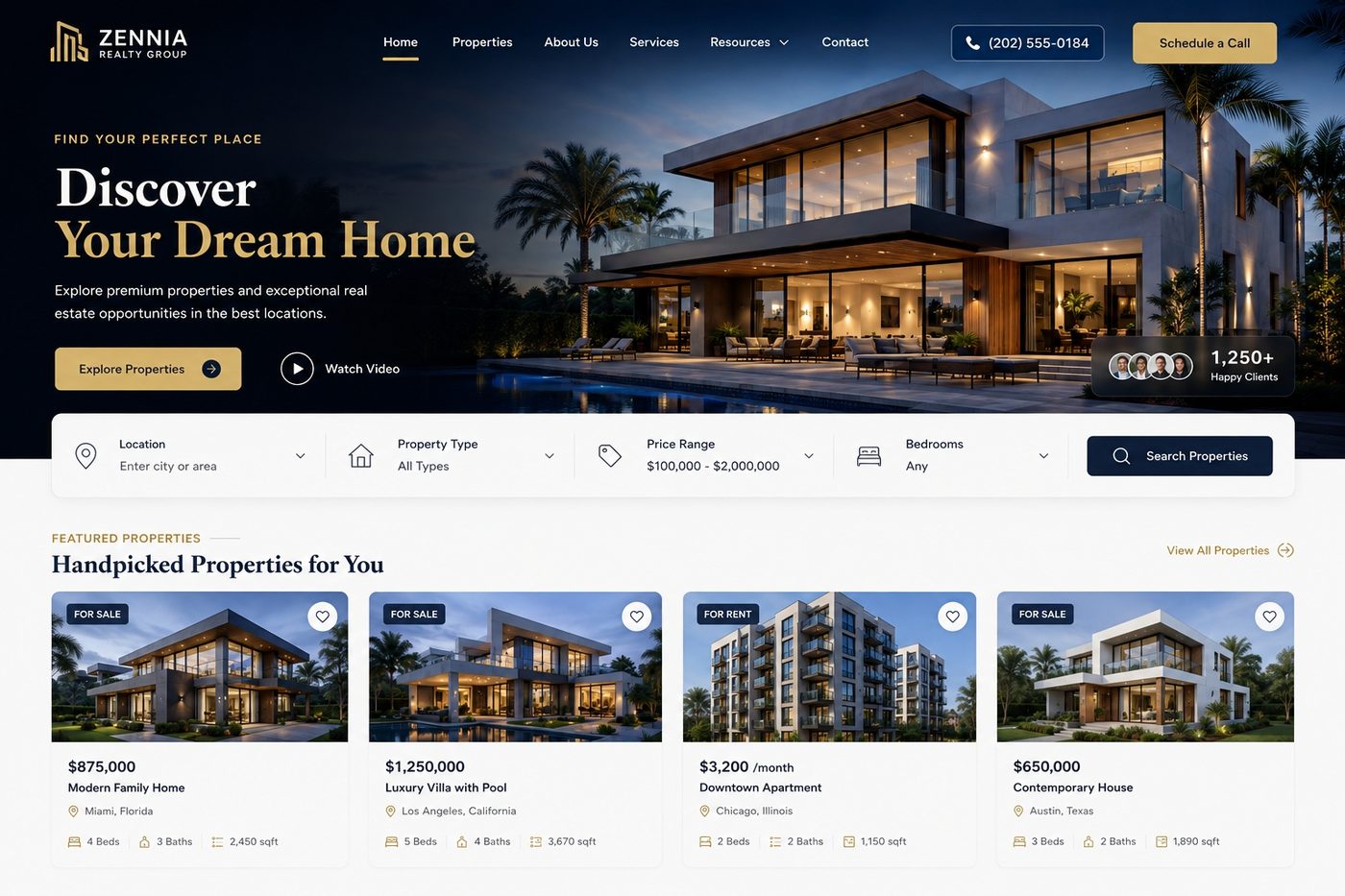 Zennia Realty Group website — luxury property listings homepage
